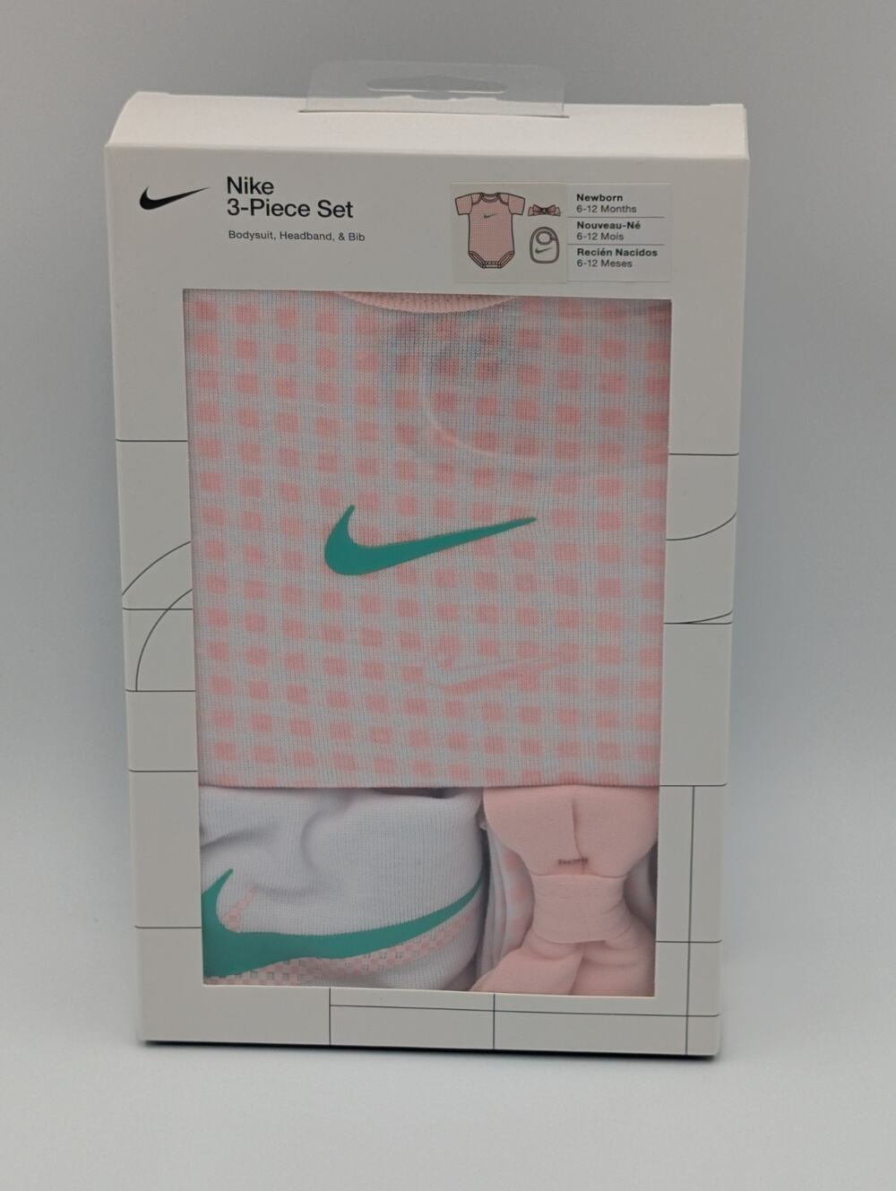 Nike Newborn 6-12 Months 3 Piece Set Bodysuit Headband Bib Pink Boxed Baby Gift